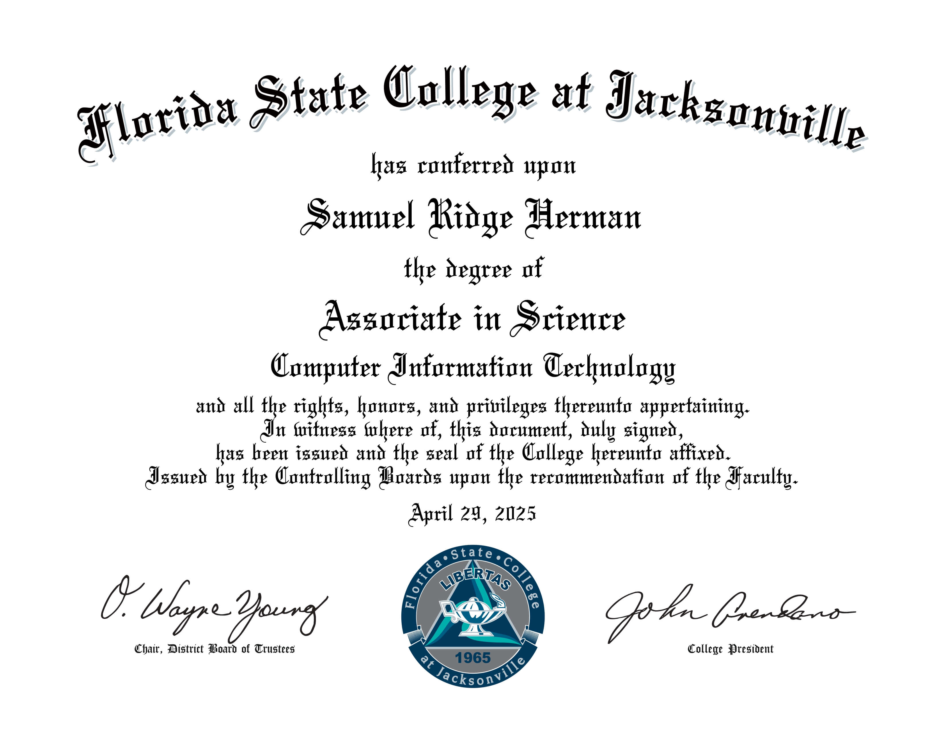 Diploma for A.S. in Computer Information Technology