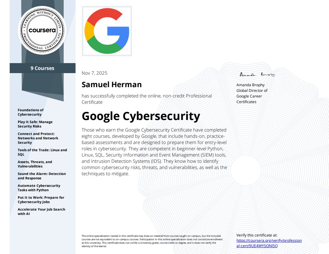 Google Cybersecurity Professional Certificate