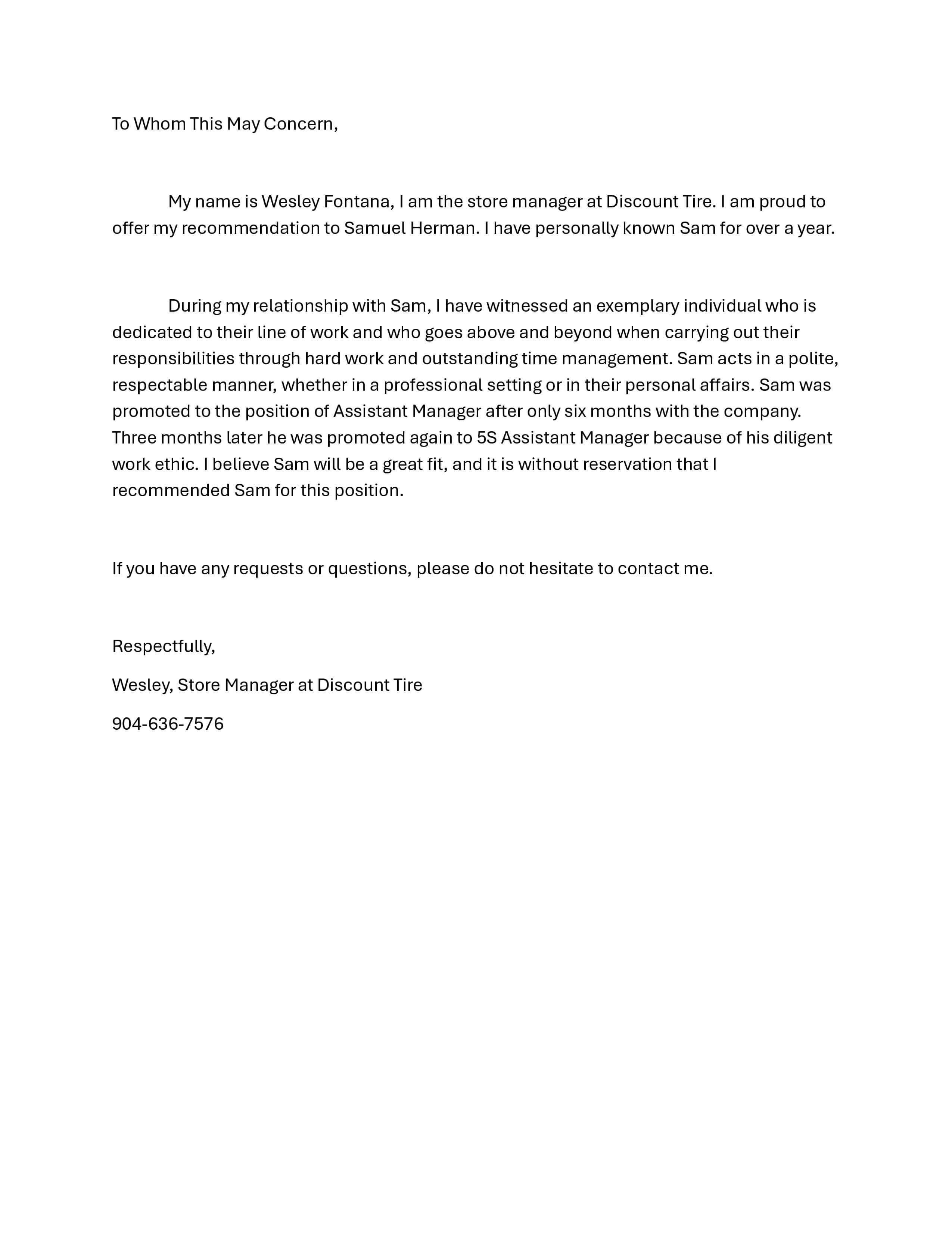 Recommendation Letter from Wesley Fontana